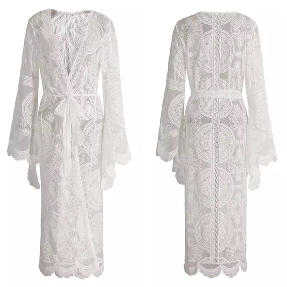 🎀 KIMONO ROBE CARDIGAN DUSTER LACE BOHO CHIC PURE WHITE BEACH SUMMER LONG MAXI - Picture 9 of 14